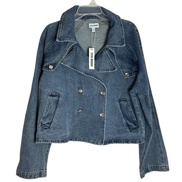 Steve Madden Womens Short Denim Trench Jacket Blue Denim size L New - Picture 1 of 5
